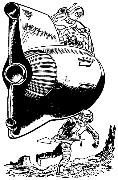 Frontispiece: Two space cadets, one in space a ship the other on an alien moon with a shovel.