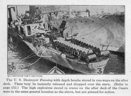 The U. S. Destroyer Fanning with depth bombs stored in run-ways on the after deck.  These may be instantly released and dropped over the stern.  (Refer to page 152.) The high explosives stored in crates on the after deck of the Cassin were in the same general location as the above, but not primed for action.