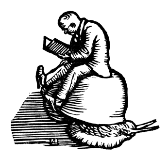 A man sits reading on the back of a snail.