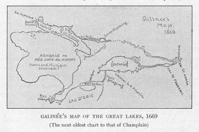 GALINE'S MAP OF THE GREAT LAKES, 1669  (The next oldest chart to that of Champlain)