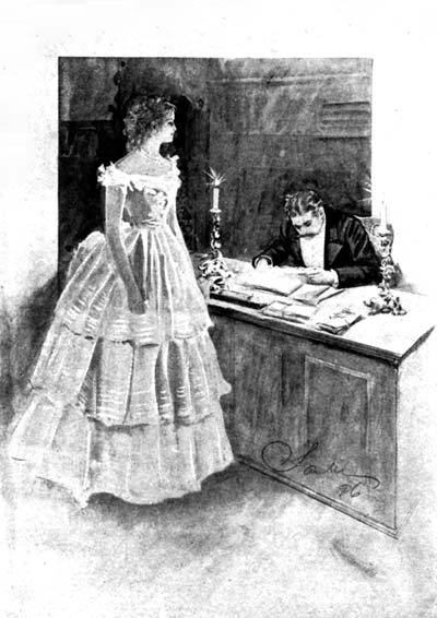 I WAS MAKING PRETENCE, IN A SHALLOW WAY NO DOUBT, TO STUDY THE PAPERS ON THE TABLE. AND LUCILLE STANDING BEFORE MY DESK WAS
LOOKING DOWN AT MY BENT HEAD, NOTING PERHAPS THE GREY HAIRS THERE.
THUS WE REMAINED FOR A MINUTE IN SILENCE. See Page 140.