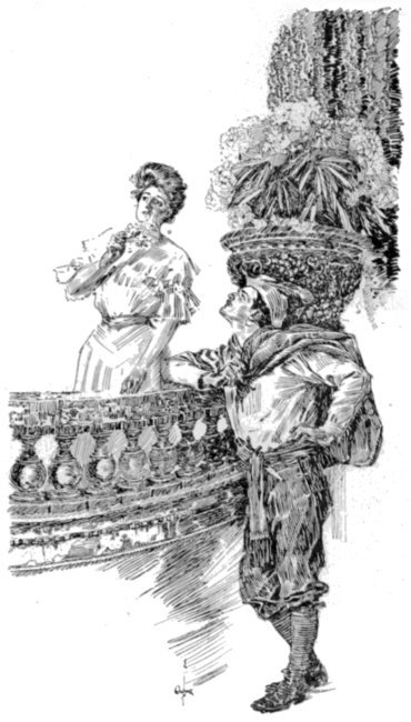 Woman stands behind stone balustrade; good looking man in peasant dress gazes at her