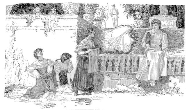 Young woman sitting on stone balustrade, three peasant women washing clothes