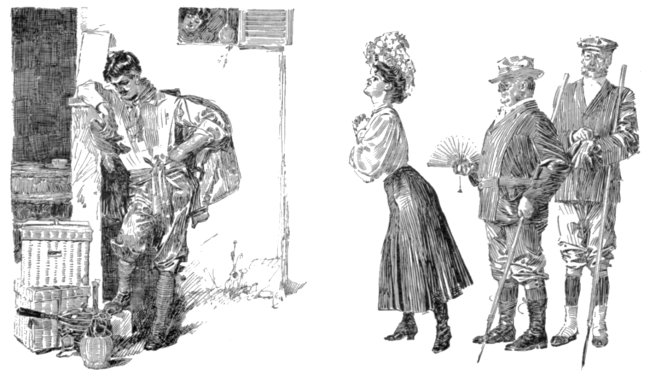 Girl, accompanied by two men holding alpenstocks, looks at young man in peasant dress