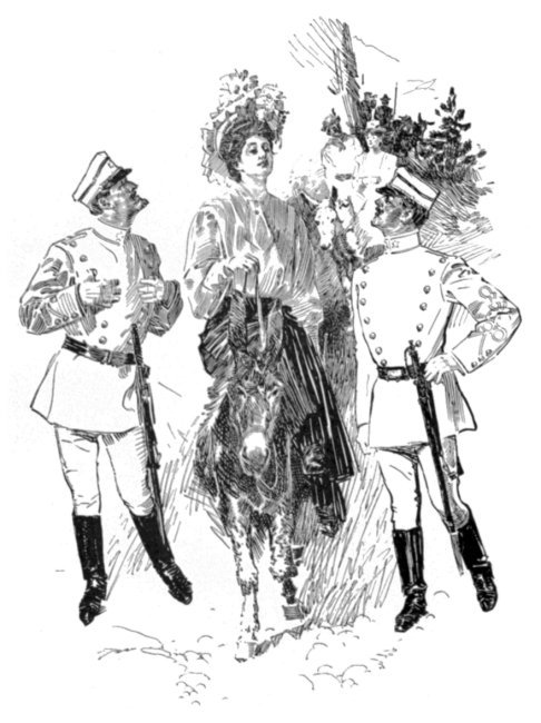 Woman on donkey, with a man in uniform on either side