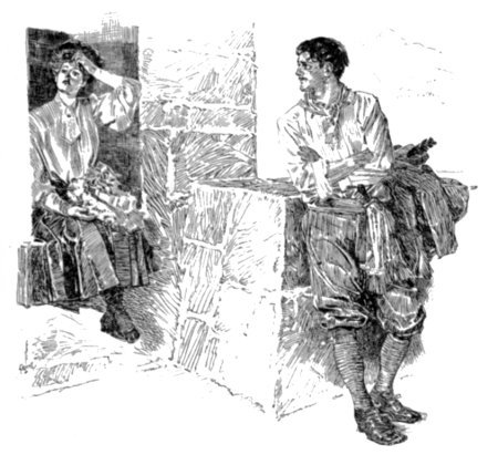 Man in peasant dress leans against wall, looking at woman sitting in niche