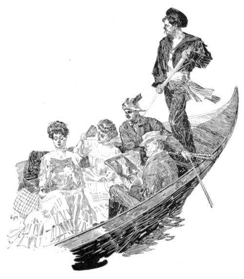 Ladies and gentleman in gondola-like boat, with man in peasant dress standing in stern