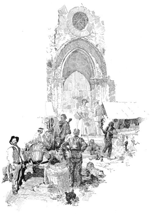 Italian street scene with American couple in background, at imposing arched door