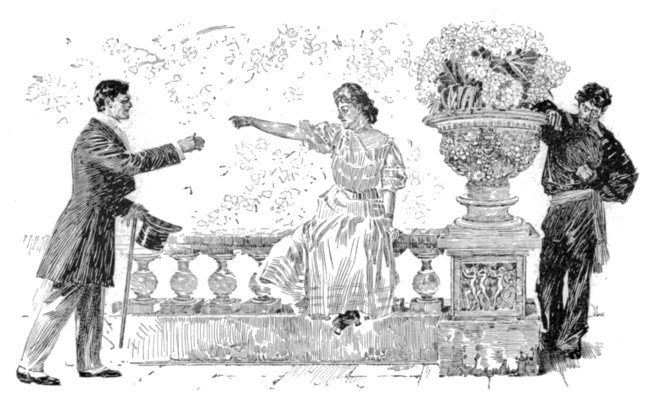 Man and woman greet each other, with man in peasant dress watching from behind big stone urn