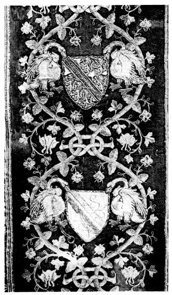 Plate V.—A portion of a late XVth Century Orphrey,
embroidered with the arms of Henry Stafford, Duke of Buckingham.