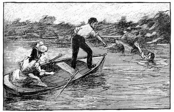 LEAPING TO THE BOW, HE
DOVE INTO THE BAY AFTER THE SINKING YOUNG MAN.--Page 92.