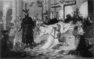 A painting showing the dead Siegfried lying in state, surrounded by mourners.
Chriemhild kneels in front of the bier, pointing at a knight dressed in black.