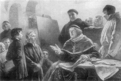 A painting showing Bishop Willigis in the Cloister school, surrounded by students
and monks who listen as he talks.