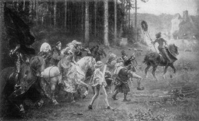 A painting showing a wedding party on horseback, with a group of musicians
on foot. They are travelling past the edge of a wood towards a castle in the distance.