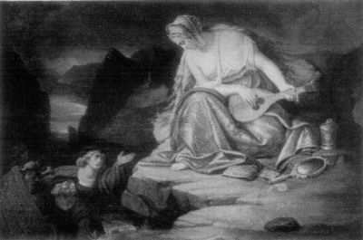 A painting showing Lorelei sitting on her rock in the river, playing a
lute. Below and to the left of her are the old sailor, and Ronald, who is
reaching his hand up to her, while she looks down on them both.