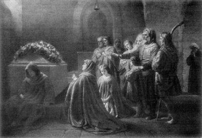 A painting showing a group of people standing and kneeling at prayer around
the sarcophagus of Henry IV. A monk sits at the base of the sarcophagus, which
has a mass of flowers on the lid.