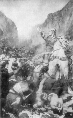 A painting showing Roland in the battle of Ronceval, riding his horse Brilliador
and raising a horn to his lips. Dead and wounded men lie at his feet, and the army
of Saracens are all around him.
