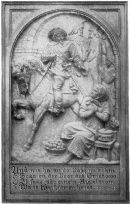 A carved stone bas-relief, showing Jan, the great general, riding his
horse, looking down at the elderly Griet sitting on a stool with a basket
of apples at her feet.