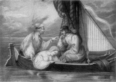 A painting showing two men and a woman sitting in the stern of a small sailboat.
One of the men is talking, while the other listens, his chin resting on his hand.
The woman sits in the bottom of the boat, looking down into the water.