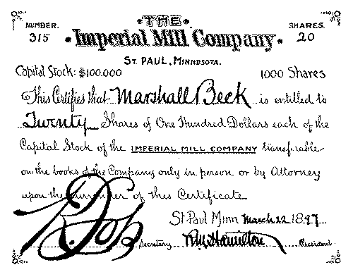 A certificate of stock in a manufacturing company.