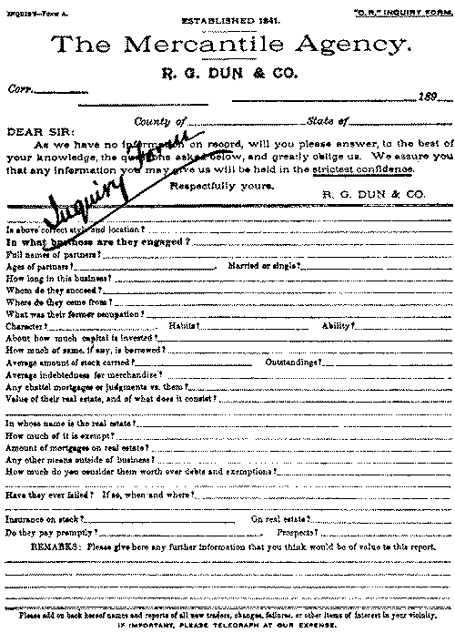 A mercantile agency inquiry form.