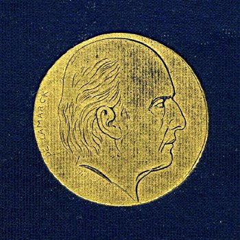 Profile of Lamarck in gold, on a blue textured background