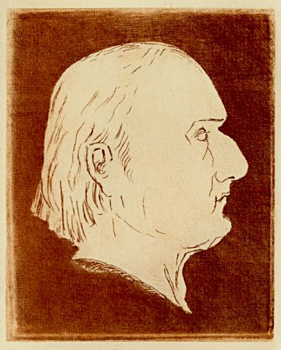 Profile of Lamarck; yellowed paper, background in brown