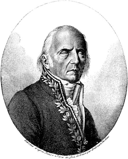 An oval portrait of Lamarck, wearing a jacket with floral border