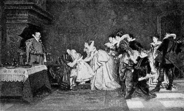 A group of men and women, all wearing sumptuous Elizabethan clothing
are gathered together in a room. Carved wooden furniture and doors are visible
around the edges of the painting. They look on, smiling, as an elderly man
seated in a carved chair kisses the cheek of a little girl, who is standing
on a footstool in front of him. One woman holds the arm of a boy, who seems
to be trying to pull away from her.