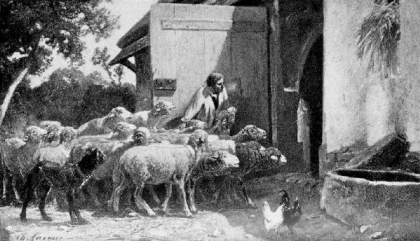 A shepherd guides his flock of sheep towards the open door of a barn.
Trees are in the background, and two chickens stand near what appears to be
a circular dressed stone trough in the foreground, which stands by the wall
of the barn, next to the doorway.