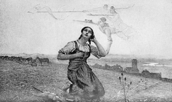 A girl wearing simple clothing kneels in a field at the centre of the
painting, looking upwards and holding her left hand to her ear. Three
ethereal figures float above her. They look like children. One is touching
her elbow and pointing, the second carries a sword, and the third carries a
banner. A herd of goats are in the background, some buildings are in the
distance, and a river and hills are in the far distance.