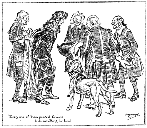Man being helped off with his coat with group of others and a dog