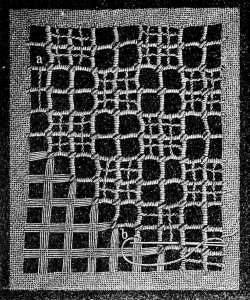 FIG. 101. LATTICE-GROUND FOR SQUARE
IN FIG. 105, SHOWING THE COURSE
OF THE STITCHES.