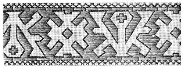 FIG. 210. BORDER IN GOBELIN STITCH.
MATERIALS: Coton &agrave; broder D.M.C No. 35 in two different colours such as:
Bleu-Indigo 312 and Rouge-Cardinal 304, Rouge-Grenat 358 and 309 or,
Gris-Tilleul 393 and Rouge-Cardinal 305.[A
