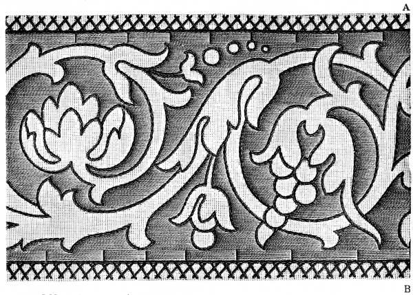 FIG. 216. BORDER, OUTLINED BY THE GROUNDING WORKED IN GOBELIN
AND STEM STITCH. First part.