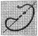 FIG. 300. TWO-SIDED ITALIAN STITCH. INTRODUCTION OF THE
THREAD AND POSITION OF THE NEEDLE FOR THE FIRST STITCH.