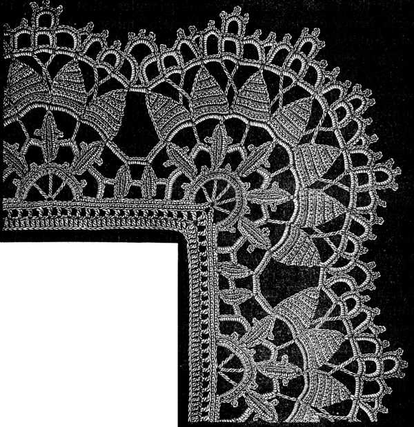 FIG. 472. LACE WITH CORNER, FORMED BY INCREASING ON THE OUTSIDE.