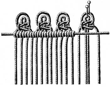 FIG. 521.
KNOTTING ON THREADS WITH PICOTS AND TWO
FLAT DOUBLE KNOTS.