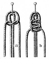 FIG. 522. & FIG. 523.
KNOTTING ON THREADS WITH PICOT AND TWO FLAT DOUBLE KNOTS.