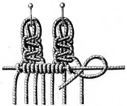 FIG. 522. & FIG. 523.
KNOTTING ON THREADS WITH PICOT AND TWO FLAT DOUBLE KNOTS.
