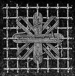 FIG. 644.
STAR FORMED OF LOOSE THREADS.
LAYING THE UPPER THREADS.