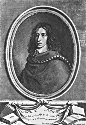 Head and shoulders of man with long curly hair, swathed in cloak, set in oval frame with books lying on shelf beneath