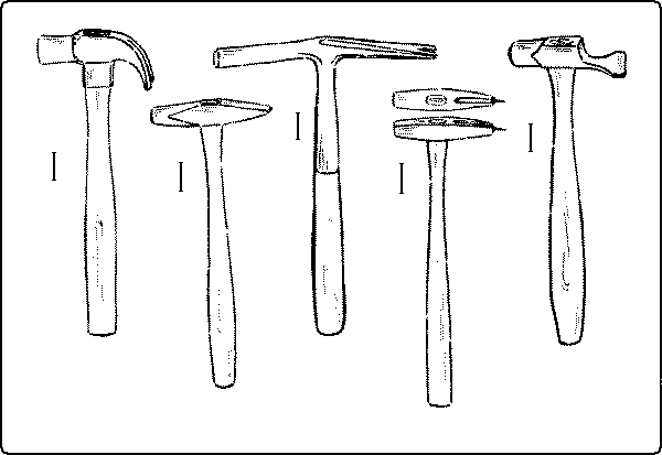 Fig. 158. Claw-Hammer. Fig. 159. Riveting-Hammer. Fig. 160. Upholster's Hammer. Fig. 161. Magnetized Hammer. Fig. 162. Veneering-Hammer.