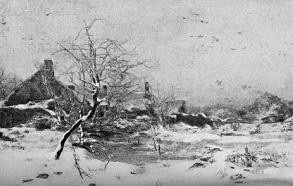 Some cottages can be seen to the left of a snow covered landscape. A tree,
bare of leaves and covered with snow stands to the left of the foreground.