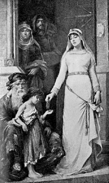 An elderly man sits on a step, a young child with him. Both are dressed in
rags. A well-dressed woman drops something into the child"s outstretched
hand, while a couple look on from a doorway behind her.