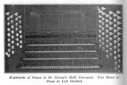Keyboards of Organ in St. George's Hall, Liverpool.  Two Rows of Stops at Left Omitted