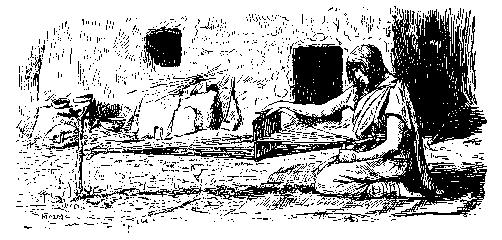 PUEBLO WOMAN WORKING HEDDLE IN WEAVING A BELT