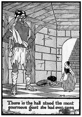 A woman confronts a giant who reaches the ceiling. She is about his knee height.