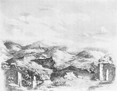 View in the Kasya Hills, showing stone memorials (reprinted from
"Asiatic Researches").