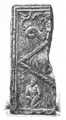 Roman sculptured stone found at Arniebog, Cumbernauld, Dumbartonshire,
showing a naked Briton as a captive